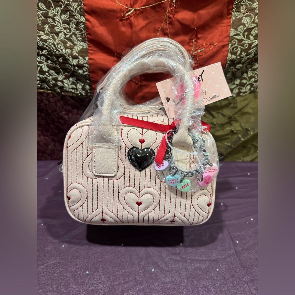 Betsey Johnson Heart Patterned Cream Bag with Bag Charm/ Bracelet